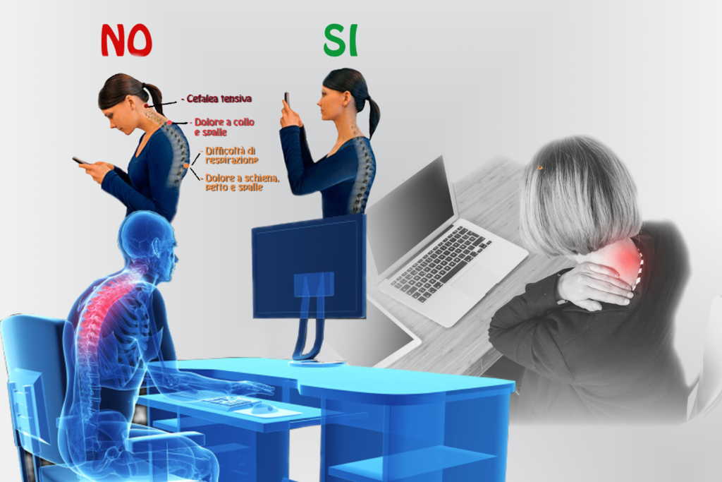 L'immagine mostra le posizioni che provocano la sindrome tech-neck, cioè la postura con la testa piegata verso il basso e spostata in avanti. SI tratta di una patologia dilagante per colpa degli smartphone dei tablet e del lavoro prolungato sui PC.